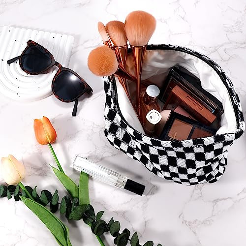 ZLFSRQ 2Pcs Checkered Makeup Bag for Women Large Small Travel Toiletry Bag Organizer Aesthetic Black Zipper Cosmetic