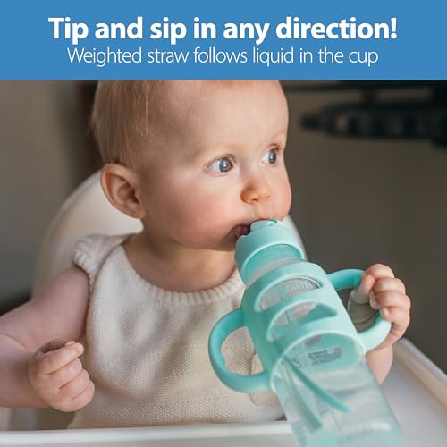 Dr. Brown's Milestones Narrow Sippy Straw Bottle, Spill-Proof with 100% Silicone Handles and Weighted Straw, 8 oz/250
