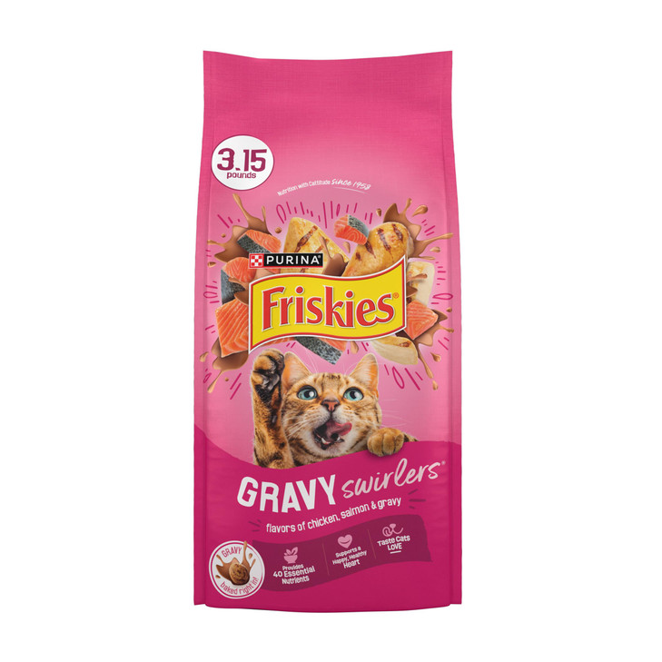 Purina Friskies Gravy Swirlers With Flavors of Chicken, Salmon and Gravy Dry Cat Food - 3.15 lb. Bag