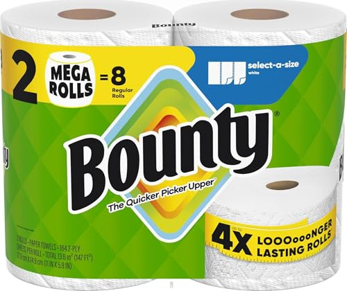 Bounty Select-A-Size Paper Towels, White, 2 Mega Rolls = 8 Regular Rolls