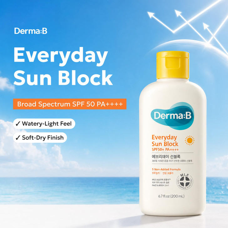 Derma B Everyday Sun Block Large Size Sunscreen SPF50+ PA++++ 6.71 Fl Oz, 200ml Fast-Absorbing Lightweight SPF