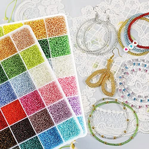 KERGAEN 2mm Sliver Lined Glass Seed Beads About 24000pcs in Storage Box,12/0 Small Craft Seed Beads for Jewelry Making