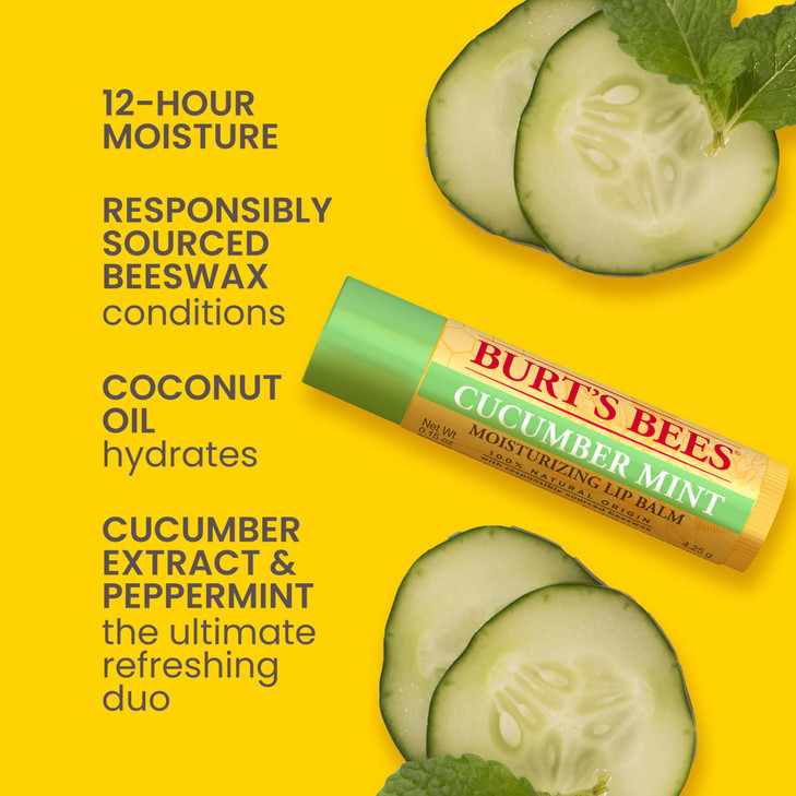 Burt's Bees Lip Balm - Original Beeswax, Cucumber Mint, Watermelon & Sweet Mandarin, With Responsibly Sourced Beeswax, Tint-Free, Natural Origin Trea