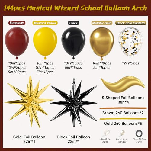 144pcs Magical Wizard Balloon Arch Kit with Yellow Black Gold Balloons