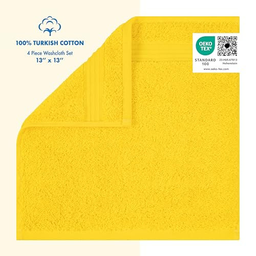 Cotton Paradise 100% Cotton Turkish Towel Set, Soft Absorbent Quick Dry, 4 Piece Washcloth Set, Yellow