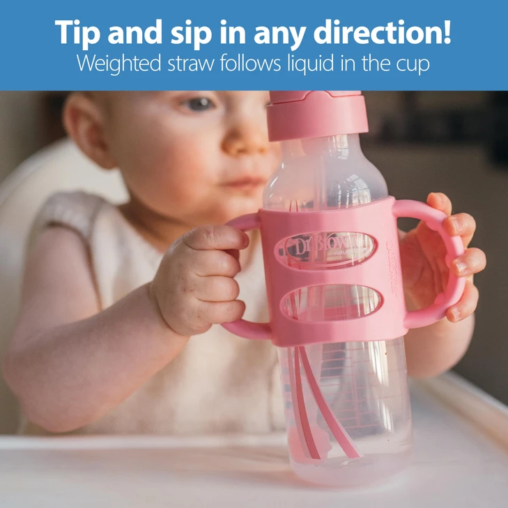 Dr. Brown's Milestones Narrow Sippy Straw Bottle, Spill-Proof with 100% Silicone Handles and Weighted Straw, 8 oz/250