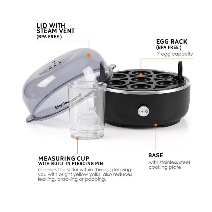Elite Gourmet EGC115B Easy Egg Cooker, 7-Egg, BPA-Free, Classic Black