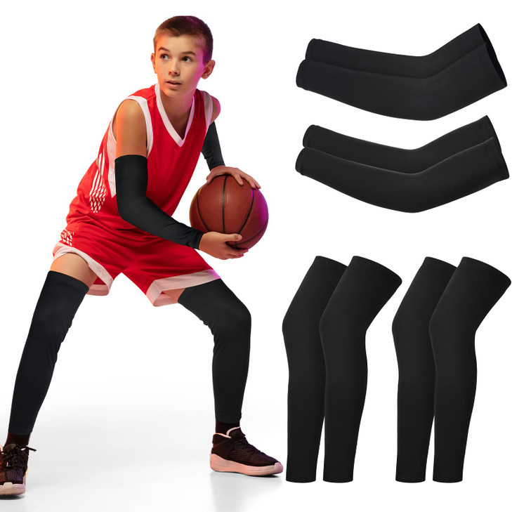 Geyoga 4 Pairs Kids Compression Arm and Leg Sleeves,Medium,Black