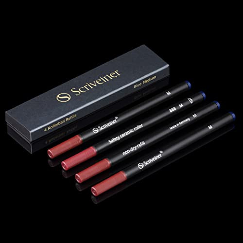 Scriveiner Rollerball Refill Blue Medium - 4 Rollerball Refills Designed for Scriveiner Pens - Safety Ceramic Non Dry