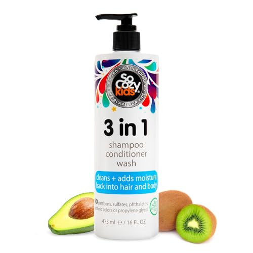 SoCozy 3 in 1 Kids Shampoo + Conditioner + Body Wash (16 Fl Oz) Gentle, Hydrating Hair & Body Cleanser with Keratin,