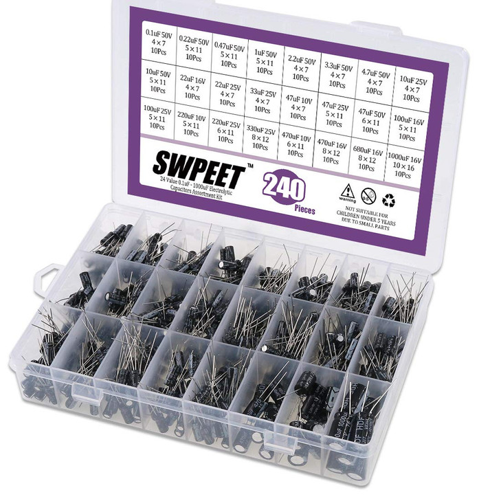 Swpeet 240Pcs 24 Kinds Different Electrolytic Capacitors Range 0.1uF1000uF Assortment Kit, 10V/16V/25V/50V Aluminum