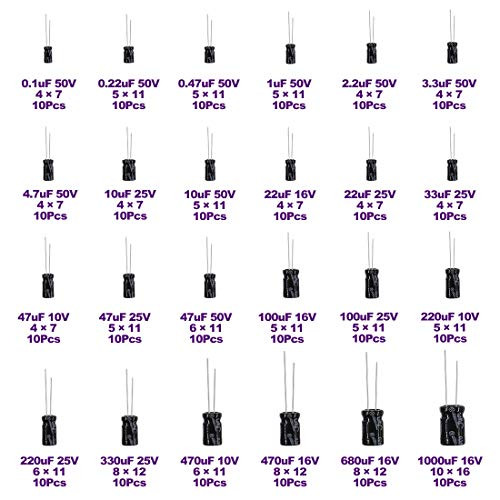 Swpeet 240Pcs 24 Kinds Different Electrolytic Capacitors Range 0.1uF1000uF Assortment Kit, 10V/16V/25V/50V Aluminum