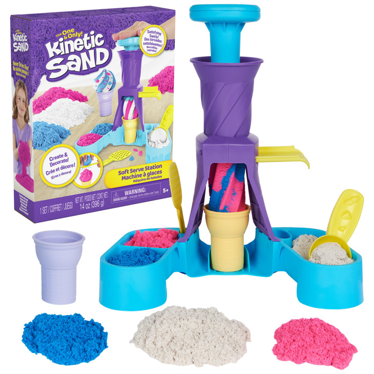 Kinetic Sand, Soft Serve Station with 14oz Play Sand (Blue, Pink & White), 2 Ice Cream Cones & 2 Tools, Sensory Toys