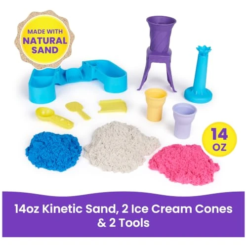 Kinetic Sand, Soft Serve Station with 14oz Play Sand (Blue, Pink & White), 2 Ice Cream Cones & 2 Tools, Sensory Toys