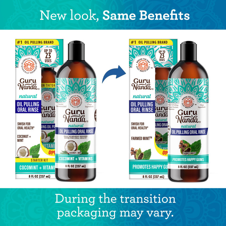 GuruNanda CocoMint Oil Pulling Mouthwash for Complete Oral Hygiene, 7 Essential Oils & Vitamins for Happy Teeth & Gums & Fresh Breath , Alcohol-Free,