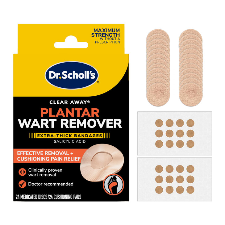 Dr. Scholl's Clear Away Plantar Wart Remover Extra-Thick Bandages for Feet, 24 Treatments - Clinically Proven