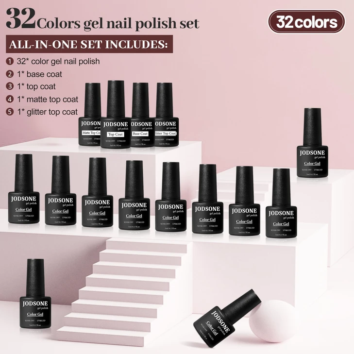JODSONE 36 PCS Gel Nail Polish Set-32 Colors Gel Polish Kit Base Coat Glossy Matte and Glitter Top Coat Nail Polish