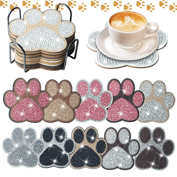 10 Pcs Dog Paw Shaped Diamond Painting Coasters Kits Cat Pet DIY with Holder for Beginners Adults and Kids Art Craft