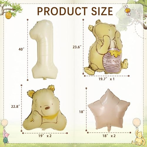 6Pcs Winnie 1st Birthday Decorations  Vintage Winnie Bear 3D Foil Balloon Set for Baby Boys and Girls First Year