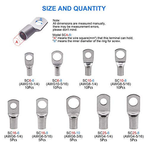 Glarks 65Pcs Assorted Heavy Duty Wire Lugs Battery Cable Tinned Copper Eyelets Tubular SC Ring Terminals Connectors
