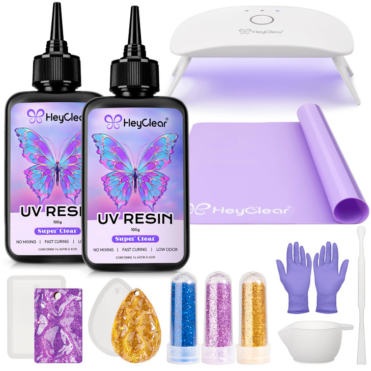 HeyClear UV Resin Kit with Light, Molds 200g Clear UV Epoxy Cure for Crafts