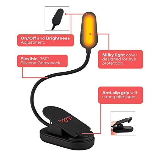 hooga Amber Book Light, Rechargeable Clip-On Blue Light Blocking LED Reading Light, 1600K Warm Eye Care for Bed,