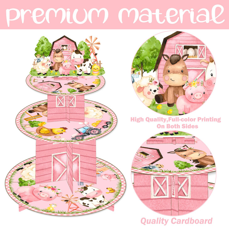 Pink Farm Animals Cupcake Stand 3 Tiers Farm Birthday Party Tower Barnyard Party Stand Holder Decorations for