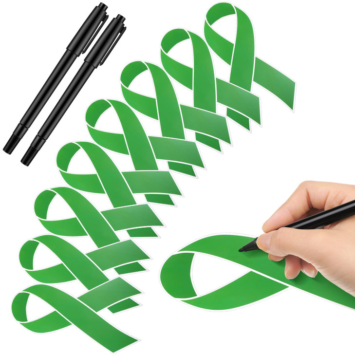 Qilery 100 Pcs Large Green Ribbon Cutouts with 2 Pcs Marker Pens Paper Mental Health Awareness Cutouts Mental Health