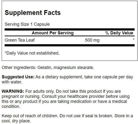 Swanson Green Tea Extract Supplement - Antioxidant Rich - 500 MG Green Tea Leaf Powder - 100 Capsules