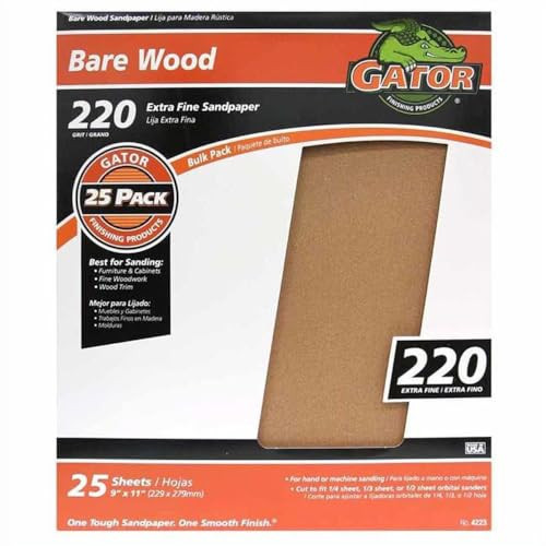 Gator 9" x 11" Bare Wood Sanding Sheets, 220 Grit, 25 Pack