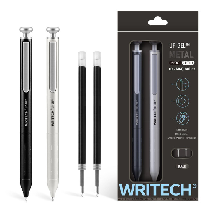 WRITECH Gel Pens Fine Point: Premium Metal Barrel Retractable 0.7mm Black Ink Pen 2ct with 2 Refills No Smear & Bleed