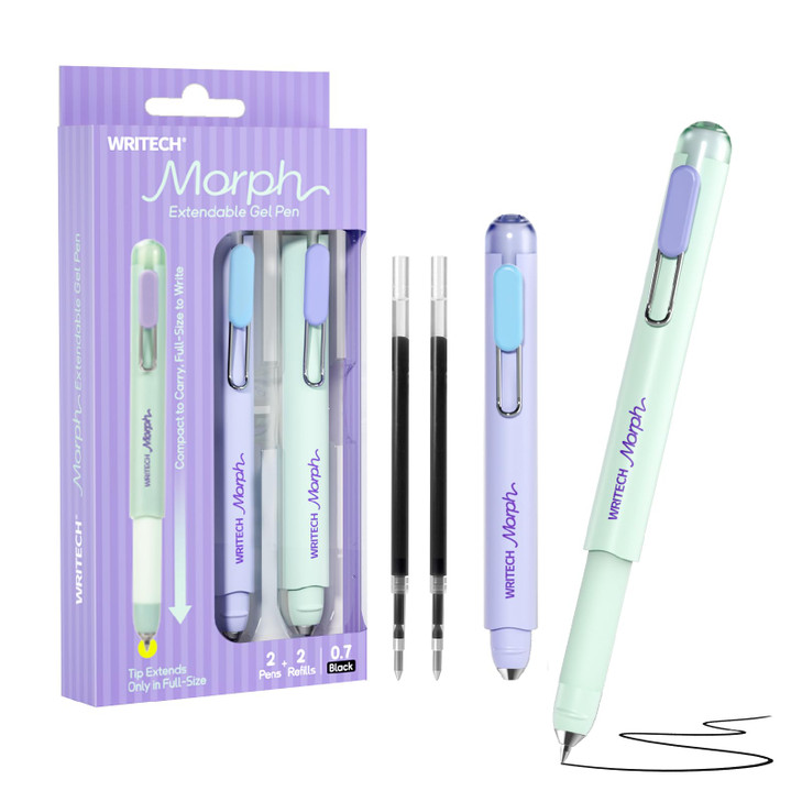 WRITECH Gel Pens Medium Point: Morph 0.7mm Black Ink Mini to Full Size Soft Grip Portable Extendable Pocket Pen Set