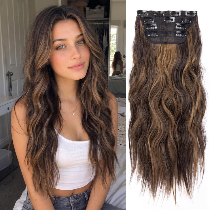 4PCS Clip in Hair Extensions for Women Brown Highlighted Caramel Blonde Long Wavy Thick Hair Extensions Clip in Double