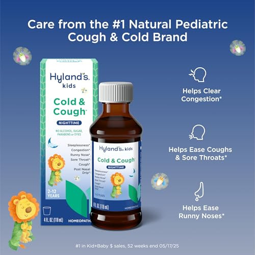 Hyland's Kids Cold and Cough, Nighttime Cough Syrup Medicine for Kids Ages 2 and up, Decongestant, Sore Throat relief and Sleeplessness, Relief of Co