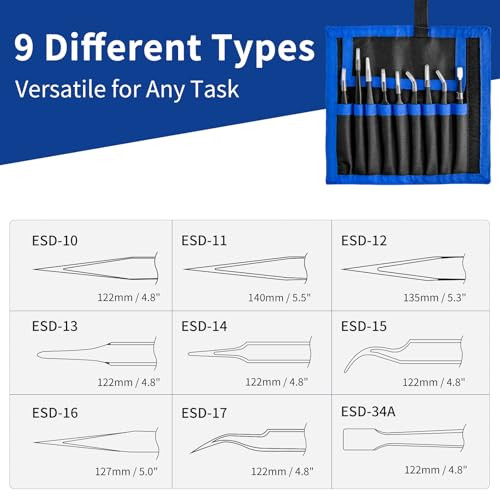 XOOL 9 PCS ESD Precision Tweezers Set, Anti-Static Stainless Steel Tweezers Kit for Electronics, Soldering, Craft,