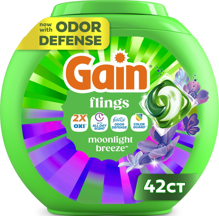 Gain Flings Liquid Washing Detergent Pods with Odor Defense + Color Guard, Moonlight Breeze Scent, 4-in-1 Liquid