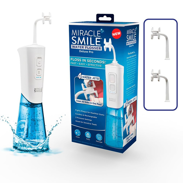 Ontel Miracle Smile Water Flosser for Teeth&Gum Health, Unique H-Shaped Flossing Head&4 Water Jets, Cordless Water