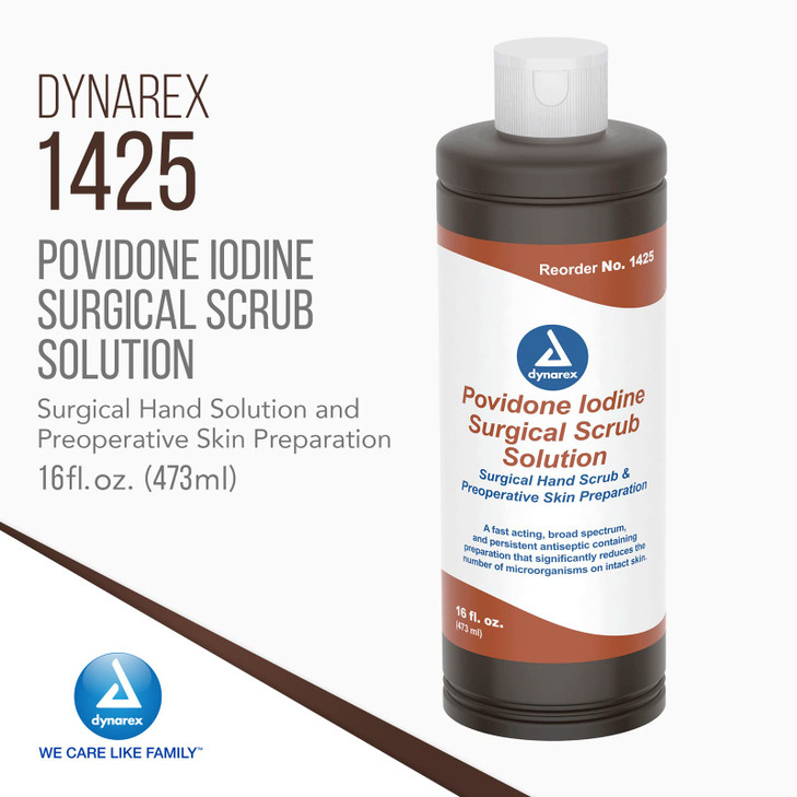 Dynarex Povidone-Iodine Scrub Solution, Antiseptic Solution for Skin and Mucosa, Ideal for Surgical Site Preparation, Contains Povidone Iodine 7.5%,