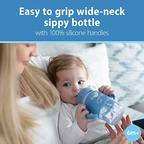 Dr. Brown's Milestones Wide-Neck Sippy Spout Bottle with Silicone Handles 9oz 270mL 6m+ Light Blue and Gray 2-Pack