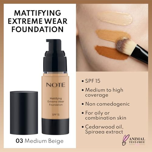 Note Cosmetique Mattifying Extreme Wear Liquid Foundation SPF 15 - Full Coverage Foundation Makeup for Oily Skin - 03