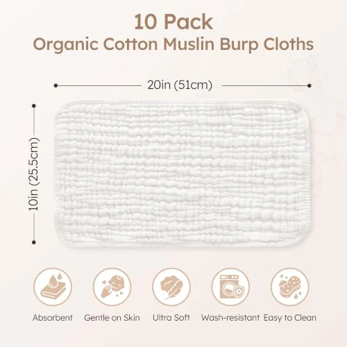 Yoofoss Muslin Burp Cloths for Baby 10 Pack 100% Organic Cotton Baby Washcloths for Boys Girls Large 20''X10'' Super