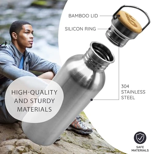 Bambaw Stainless Steel Single Wall Water Bottle, 24 oz, 750 ml, Reusable, Leakproof, Dishwasher Safe, BPA Free, Ideal