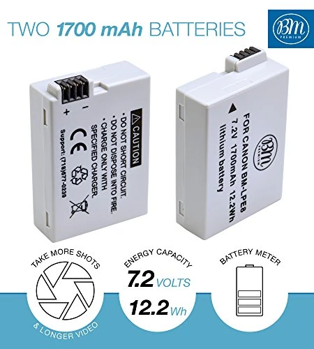 BM Premium 2-Pack of LP-E8 Batteries for Canon EOS Rebel T2i, T3i, T4i, T5i, EOS 550D, EOS 600D, EOS 650D, EOS 700D