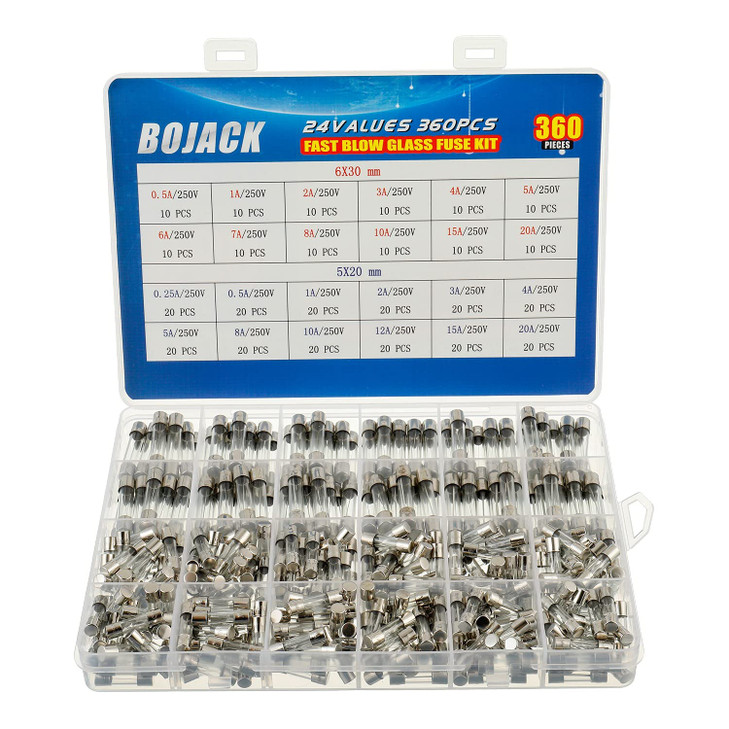 BOJACK 24 Values 360 pcs Fast-Blow Glass Fuses Assortment Kit 5x20mm 250V 0.25 0.5 1 2 3 4 5 8 10 12 15 20A 6x30mm
