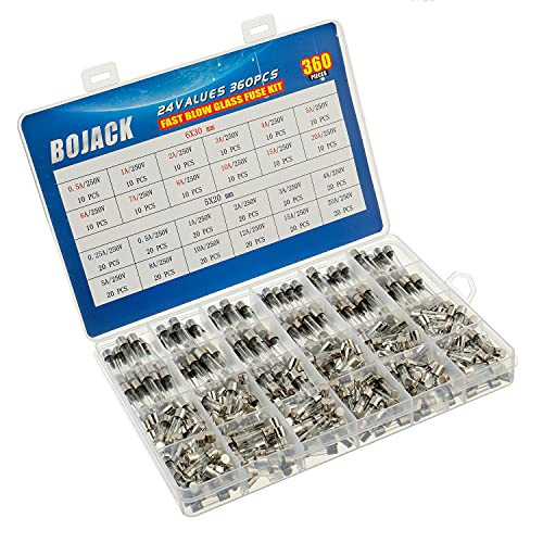 BOJACK 24 Values 360 pcs Fast-Blow Glass Fuses Assortment Kit 5x20mm 250V 0.25 0.5 1 2 3 4 5 8 10 12 15 20A 6x30mm