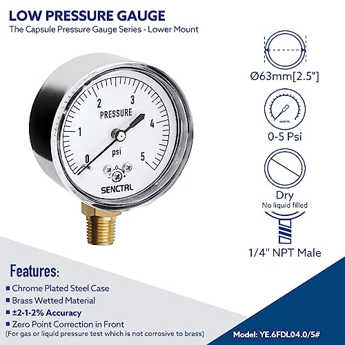 SENCTRL 0-5 Psi Low Pressure Gauge, 1/4" NPT Lower Mount