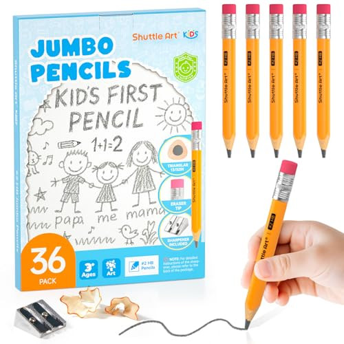 Shuttle Art Jumbo Pencils - 36 Pack Triangle Pre sharpened Pencils #2 HB with Top Erasers & Sharpener, for Kids Ages