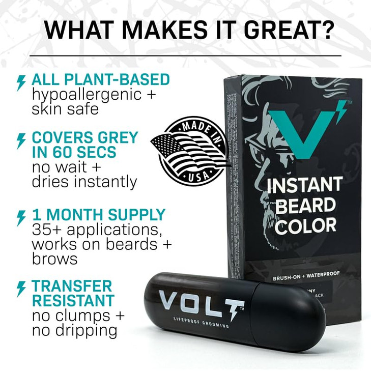 VOLT Grooming Temporary Instant Beard Color for Men, Quick Drying Plant-Based Brush On Beard, Hair, Mustache & Eyebrow