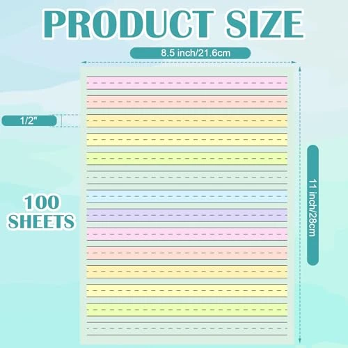 100 Sheets Handwriting Paper 8.5x11 Double Side Colored Primary Writing Paper for Kids with ADHD 0.5 Tactile