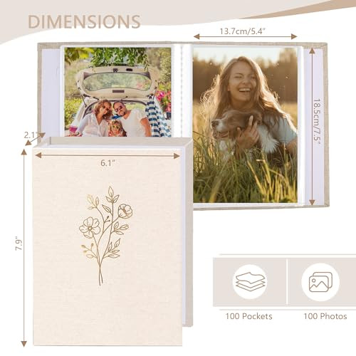 Holoary 5x7 Photo Album 100 Photos, 100 Pockets Picture Album, Linen Fabric Cover Big Picture Book for Photos, Photo